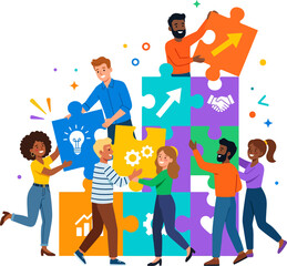Fototapeta premium Diverse group of people building a puzzle together
