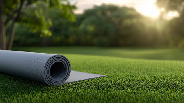 Yoga mat on grass in peaceful outdoor fitness setting