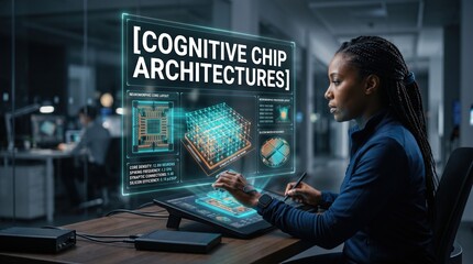 Fototapeta premium Advanced Cognitive Chip Architectures Futuristic Digital Display Interface in a Modern Tech Office