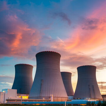 Group of smr or small modular nuclear reactors power plant against twilight sky