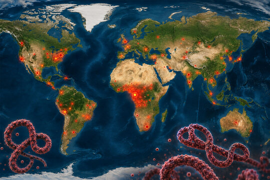 World map showing global Ebola virus outbreak hotspots with realistic virus particles. Epidemiology and pandemic illustrating infectious disease transmission worldwide