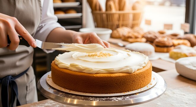 A light, airy sponge cake layer being carefully frosted in a bakery.