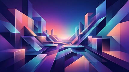 Futuristic digital landscape with glowing neon geometric shapes