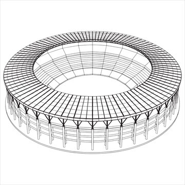 Intricate geometric wireframe structure resembling a futuristic stadium or architectural model