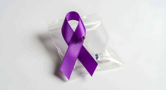 A purple overdose awareness ribbon pinned to a small bag of naloxone, on white.