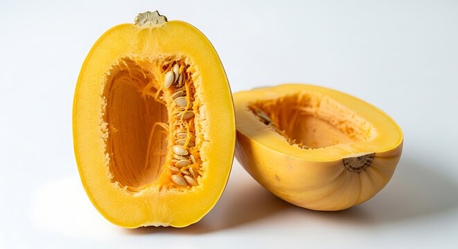 Fresh Yellow Spaghetti Squash Halves Displayed on Clean White Surface