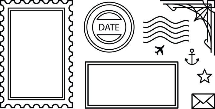 Vintage postage stamp line art elements set with postmark waves date frame and envelope vector illustration