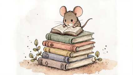Cute mouse reading an open book on a stack of colorful books, isolated on transparent background
