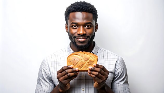 Smiling man holding a slice of bread, healthy eating and wholesome food, bakery product presentation, natural ingredients, studio shot
