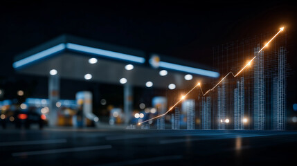 Obraz premium Fuel Price Surge: A stylized graphic depicts a sharp upward trend of rising fuel prices superimposed on a nighttime scene of a modern gas station.
