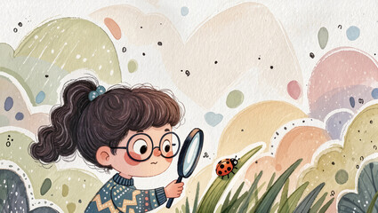 Curious girl with magnifying glass observing ladybug on grass, isolated on transparent background © Niamh