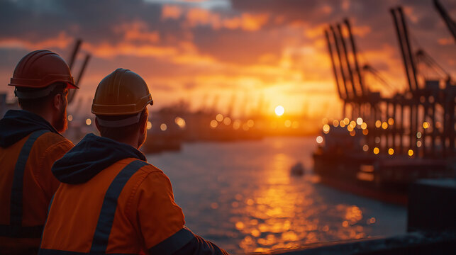 Harbor at Dusk: Two workers in hard hats and high-visibility vests stand by a busy port, gazing at the vibrant sunset casting a warm glow over docked cargo ships and towering cranes.