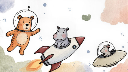 Cute bear in astronaut suit hippo in rocket mouse in UFO, isolated on transparent background