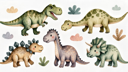 Five cartoon dinosaurs with plants and clouds, isolated on transparent background © Niamh