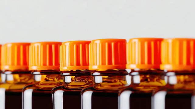 Amber bottles with orange caps, arranged in a row, isolated on white background, studio shot