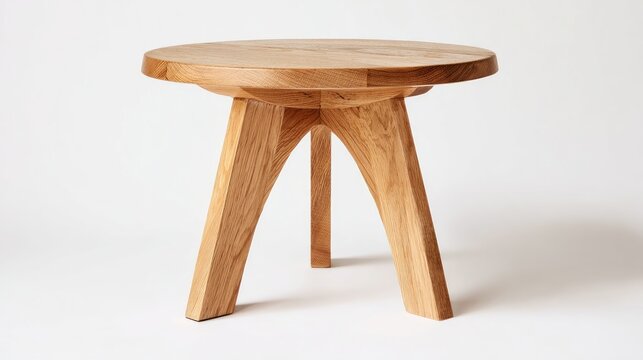 A wooden stool with a rounded seat and three flared, angled legs
