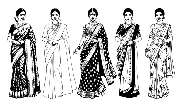 Illustrations of women wearing sarees in various styles vector