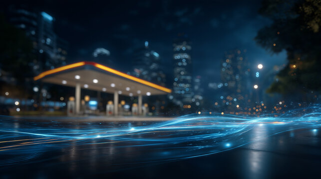 Futuristic Gas Station at Night: A futuristic gas station glows with neon lights in a sprawling city at night, with ethereal blue light trails suggesting fast motion and advanced technology.