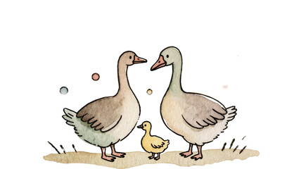 Two adult geese and a duckling standing on grass, isolated on transparent background © Niamh