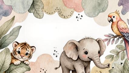 Cute baby tiger elephant and parrot in jungle foliage, isolated on transparent background © Niamh
