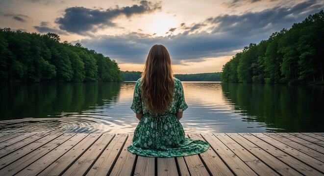 woman in green dress sitting on dock by serene lake at sunset