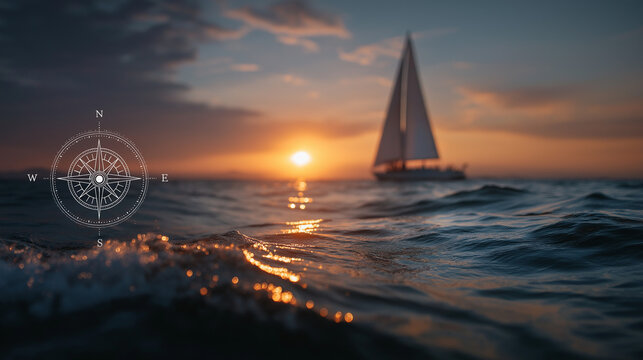 Sailing into the Sunset: A solitary sailboat navigates the vast ocean at dusk, with a stylized compass overlaying the scene, symbolizing adventure and the journey ahead under a warm, glowing horizon.