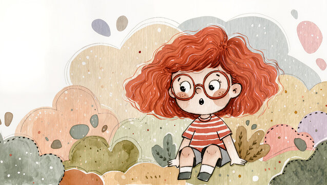 Surprised redhead girl with glasses sitting in a whimsical landscape, isolated on transparent background