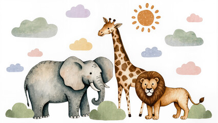Watercolor safari animals elephant giraffe and lion with clouds and sun, isolated on transparent background © Niamh