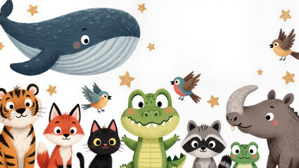 Cute cartoon animals including whale tiger fox cat alligator raccoon rhino frog and birds, isolated on transparent background © Niamh