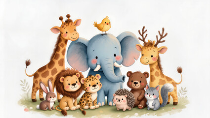 Cute cartoon safari animals group, isolated on transparent background © Niamh