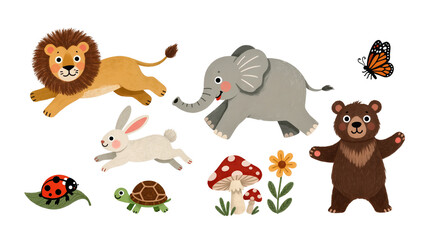 Cute cartoon animals like lion elephant bear rabbit turtle ladybug butterfly and mushrooms, isolated on transparent background © Niamh