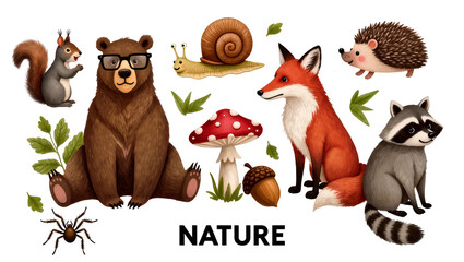 Cute forest animals including bear with glasses fox raccoon squirrel hedgehog snail spider and mushroom, isolated on transparent background © Niamh