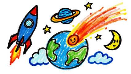 Blue rocket ship flying past Earth with a comet and Saturn, isolated on transparent background © Niamh