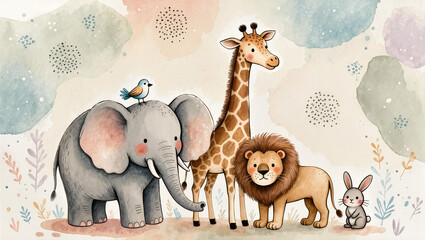 Cute watercolor safari animals including elephant giraffe lion rabbit and bird, isolated on transparent background © Niamh