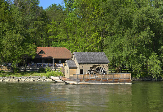 Mura River - floating mill near the village of Izakovci, Slovenia. The Mura (Mur) River is a major tributary of the Drava River, and in Slovenia it is known for its floodplain forests and floating mil