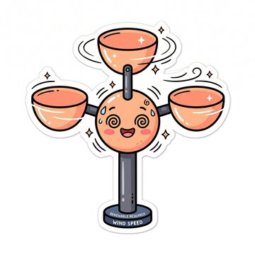 Kawaii wind anemometer vector sticker, cute cartoon wind speed meter illustration, renewable energy tool.