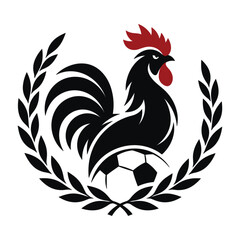 Rooster soccer logo with laurel wreath and football isolated on white © niloy