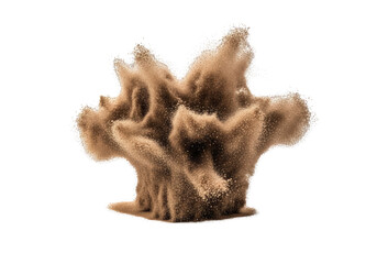 Obraz premium Light brown sand grains burst, frozen in an amorphous cloud shape with sharp details, against a pristine transparent studio background with copy space, concept of dynamic natural elements