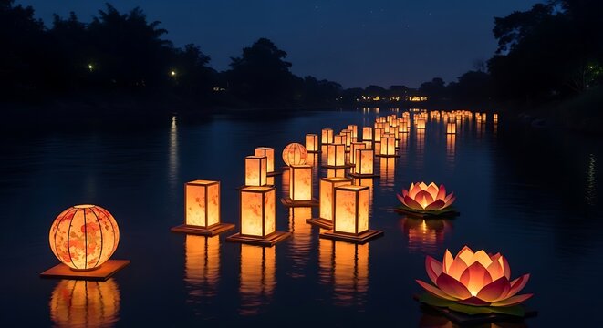 Glowing Paper Lanterns Floating on Calm River at Night Festival