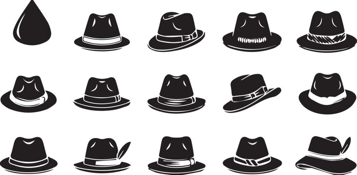 Collection of black fedora hats with white outlines