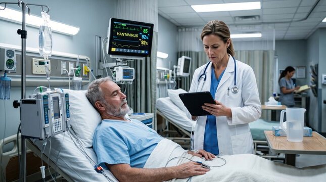 Doctor using a digital tablet while checking on a senior male patient in a hospital bed. Medical monitor displaying hantavirus vitals in an intensive care unit. Healthcare and technology concept