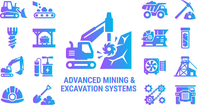 Advanced mining and excavation systems icons set excavators trucks drill mining equipment tools construction.