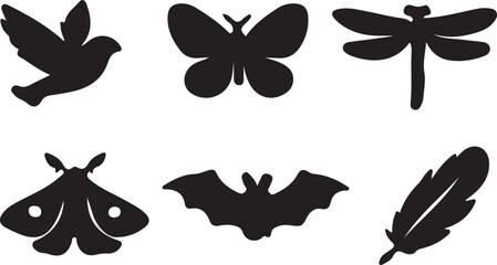 Black silhouettes of bird butterfly dragonfly moth bat and feather © NasimaAktar