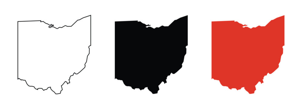 Ohio state map icon set. Professional black, red, and outline silhouettes for American geography, travel planning, business market analysis, and state border concepts.
