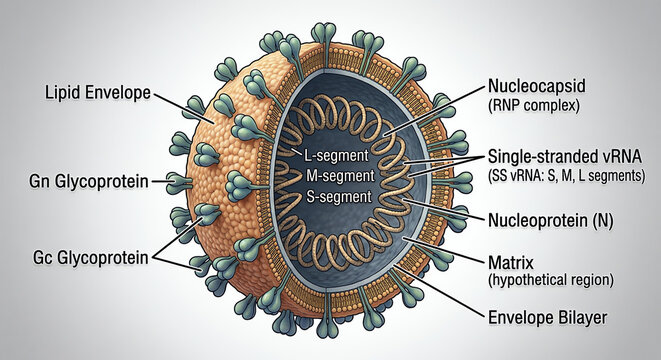 **Image Description:**
Close-up medical illustration of hantavirus particles floating in a dark microscopic environment, featuring glowing red and orange virus cells with detailed textures, scientific