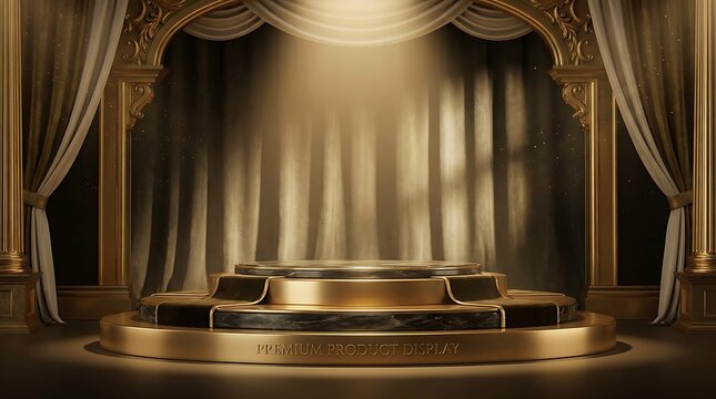 An empty stage with golden curtains and a spotlight highlighting a central platform area.