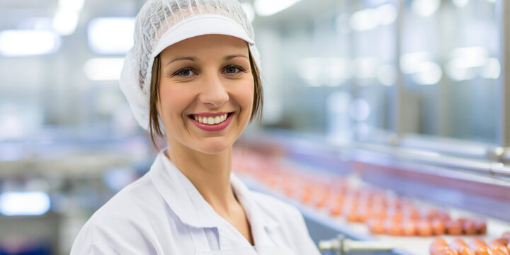 Fachkr&auml;fte der deutschen Lebensmittelindustrie: Portr&auml;t einer l&auml;chelnden Produktionsmitarbeiterin bei der Wurstherstellung. B2B Banner mit Textfreiraum