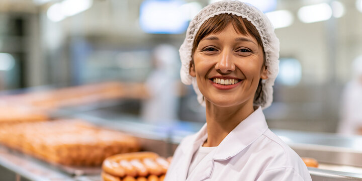 Usine de production de saucisses. Employ&eacute;e de l'industrie de transformation de la viande en France. Arri&egrave;re-plan avec espace de copie