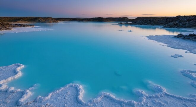 Tranquil azure lagoon at dusk, reflecting soft sky hues, bordered by white mineral deposits