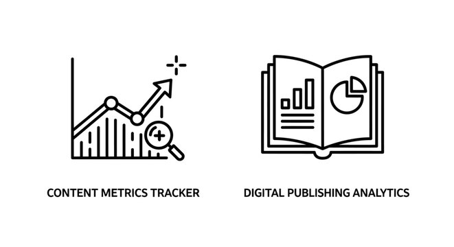 Content metrics tracker and digital publishing analytics icons with publishing
